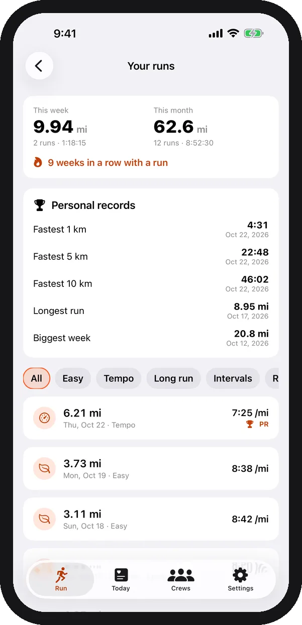 RunPack’s Your runs screen with weekly totals and personal records