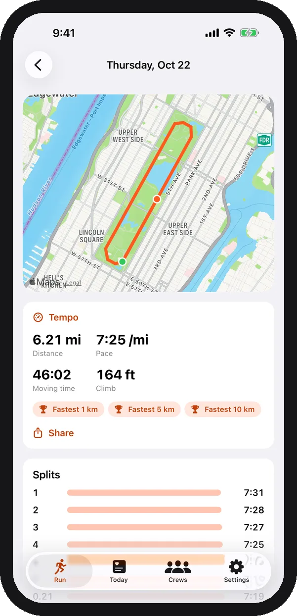 A run in RunPack with its map, stats, PR badges and splits