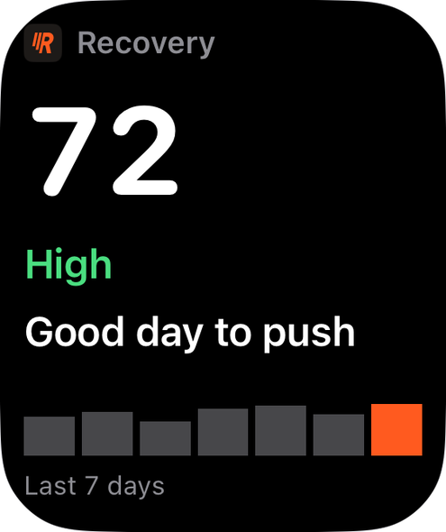 The RunPack Apple Watch app showing today’s recovery